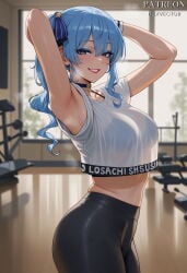 1girl ai_generated alternate_breast_size alternate_costume armpits arms_behind_head arms_up artist_name black_choker black_pants blue_bra blue_choker blue_eyes blue_eyeshadow blue_hair blue_ribbon blurry_background blush bra bra_visible_through_clothes breasts character_name choker clothing copyright_name cowboy_shot crop_top crop_top_overhang duxvector earrings eyeshadow female from_side grin gym gym_uniform hair_between_eyes hair_ornament hair_ribbon high-waist_pants hololive hololive_dance_practice_uniform hololive_japan hoshimachi_suisei indoors jewelry large_breasts lips lipstick long_hair looking_at_viewer makeup midriff navel pants parted_lips ponytail presenting_armpit red_lips ribbon see-through see-through_shirt see-through_silhouette shirt side_ponytail skindentation smile solo sports_bra sportswear star_(symbol) star_in_eye steaming_body suisei_channel sweat sweaty_clothes symbol_in_eye thighs tight_clothes tight_pants underwear virtual_youtuber wavy_hair wet white_shirt window wooden_floor yoga_pants