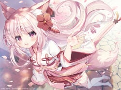 1girl animal_ear_fluff animal_ears black_sandals breasts dutch_angle female female_only floating_hair flower fox_ears fox_girl fox_tail frilled_skirt frills hair_flower hair_ornament highres japanese_clothes kimono long_hair long_sleeves natsuki_marina pink_hair pleated_skirt purple_eyes red_flower red_skirt sandals skirt small_breasts smile solo standing tail thighhighs variant_set very_long_hair white_kimono white_thighhighs wide_sleeves zouri