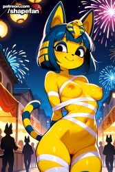 1girl absurd_res absurdres ai-created ai-generated ai_art ai_generated animal_crossing animal_ears ankha ankha_(animal_crossing) arms_behind_back artist_name athletic_female bandages bangs black_eyes blonde_hair blue_hair blunt_bangs bob_cut boobs breasts bust cat_ears cat_girl cat_tail chest cleft_of_venus closed_mouth colored_skin cowboy_shot egyptian female fireworks fit_female furry furry_female hair_ornament hi_res high_quality high_resolution lantern looking_at_viewer medium_breasts naked_bandage navel night night_sky nipples nude outdoors patreon patreon_username public_indecency pussy shapefan shiny shiny_skin short_hair sky smile solo_focus stable_diffusion standing stomach striped_tail tagme tail tits uncensored yellow_fur yellow_skin