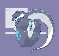 anthro anus bedroom_eyes big_anus big_breasts big_butt blue_anus blue_body blue_eyes blue_genitals blue_tongue blue_vulva blush breasts butt clitoris cobra female female_anthro forked_tongue genitals heart_symbol hi_res lc79510455 lc_(lc79510455) looking_at_viewer looking_back looking_back_at_viewer markings multicolored_body narrowed_eyes nude presenting presenting_anus presenting_hindquarters presenting_vulva puffy_anus raised_tail rear_view reptile scales scalie seductive simple_background snake snake_hood solo tail teeth thick_thighs tongue tongue_out vulva white_body wide_hips
