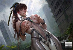 1girls ai_generated bare_shoulders bodysuit breast_lift breasts brown_eyes brown_hair building cameltoe covered_navel day deep_skin dutch_angle eve_(stellar_blade) grabbing_own_breast hair_ornament jewelry large_breasts lips long_hair looking_at_viewer nipples outdoors parted_lips philon ponytail post-apocalypse ruins see-through shiny_clothes skin_tight solo stable_diffusion standing stellar_blade wrist_cuffs