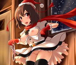 black_hair black_legwear blush breasts breasts_out brown_hair christmas door dress_shirt female gloves hat highres holding holding_panties large_breasts looking_at_viewer nipples no_bra no_panties open_clothes open_mouth open_shirt panties panties_removed pubic_hair pussy red_eyes santa_hat scarf shameimaru_aya shirt short_hair skirt smile snow solo thighhighs touhou underwear wind wind_lift window yoshimo