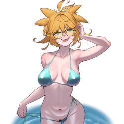 1girls ahoge bikini blonde_hair dokibird female female_only glasses hikamio indie_virtual_youtuber looking_at_viewer pulling_bikini_string pussy_peek