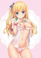1girl blonde_hair blue_eyes blush bow bow_panties bra bra_pull breast_suppress breasts cleavage clothes_lift clothes_pull comic_exe contrapposto dress_shirt female_pubic_hair hair_bow hair_ornament hairclip hands_on_own_chest highres jewelry large_breasts long_hair looking_at_viewer multi-strapped_panties navel nipples no_pants one_side_up open_clothes open_shirt original panties pink_bra pink_panties pubic_hair ring school_uniform see-through_clothes shiny_skin shirt short_sleeves simple_background solo standing stomach string_panties sweater sweater_lift sweater_vest takayaki underwear white_background wrist_cuffs