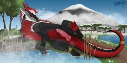2:1 absurd_res balls dragon european_mythology feral genitals hi_res hot_spring khaden3 male mane mythological_creature mythological_scalie mythology paws penis presenting presenting_penis scalie solo steam unusual_anatomy unusual_genitalia unusual_penis water western_dragon