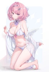 1girls big_breasts breasts breasts_out exposed_breasts female hoyoverse large_breasts lingerie long_hair mihoyo pink_eyes pink_hair remielle_(zenless_zone_zero) remielle_dan white_lingerie white_wings wings zenless_zone_zero