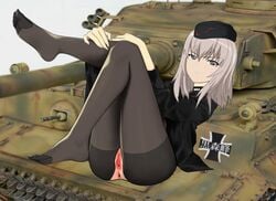 anus blue_eyes feet female girls_und_panzer itsumi_erika legs looking_at_viewer pantyhose pussy short_hair solo tank toes uncensored uniform white_hair