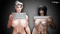 3d advertisement big_breasts earrings fareeha_amari hairy looking_at_viewer marvel_rivals muscular navel_piercing overwatch pharah pubic_hair rogue_(marvel_rivals) septum_piercing yeetiques