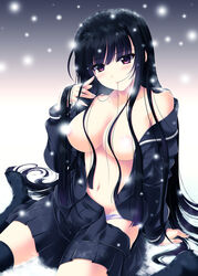 akino_shin bare_shoulders black_legwear blush breasts clothing collarbone female gradient gradient_background long_hair navel open_clothes open_mouth original panties pink_eyes pointy_chin school_uniform serafuku sitting skirt snowing solo thighhighs underwear very_long_hair wariza