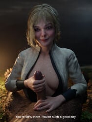 1boy 1boy1girl 1girls 3d 3d_(artwork) alien_(franchise) alien_boy blonde_hair blue_eyes breasts dark_penis dek_(predator_badlands) duo english_text handjob hetero human human_female human_on_alien humanoid_penis interspecies looking_at_viewer male_pov medium_breasts no_bra open_clothes penis pov predator_(franchise) predator_badlands quick_e subtitled thia yautja