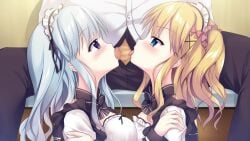 1boy 1boy1girl 2girls aqua_hair blonde_hair blowjob braided_hair breasts censored clothed cooperative_fellatio game_cg hair_ornament hair_ribbon kimi_to_hajimeru_dasan_tekina_lovecome large_breasts long_hair maid maid_headdress maid_outfit maid_uniform medium_breasts mosaic_censoring penis sakura_nono shirt side_braid side_ponytail sousouman teidou_shirayuki threesome tied_hair wavy_hair