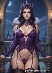 1girls ai_generated ass black_hair breasts cameltoe crown erect_nipples female fur_trim huge_hips lingerie morgan_le_fay morgan_le_fay_(smite) passion_ai seductive seductive_look seductive_smile smite standing stockings