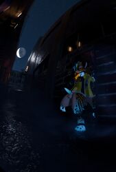 absurd_res alley animal_genitalia animal_penis arm_warmers armwear bioluminescence black_markings black_sclera blender_(artwork) blender_(copyright) blender_cycles_(artwork) blue_body blue_eyes blue_fur broken_glass clothing crossed_arms digital_media_(artwork) dipstick_tail eyewear felid feline feline_genitalia feline_penis fog fur genitals glass glowing glowing_eyes glowing_genitalia glowing_markings glowing_penis gradient_fur heterochromia hi_res jacket leaning_on_object leaning_on_wall leg_warmers legwear leopardus looking_at_viewer mammal markings mayu_(azuki) mirror mirror_reflection moon night ocelot orange_body orange_eyes orange_fur penis reflection ring_(jewelry) riptide_(x1x_riptide) sheath skull_symbol sky spots spotted_markings standing star starry_sky sunglasses tail tail_markings topwear x1x_riptide yellow_clothing yellow_jacket_(clothing) yellow_topwear
