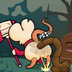 1:1 anthro anus bent_over big_butt bodily_fluids bottomless bottomless_female butt cemetery clothed clothing desecration_of_graves digital_media_(artwork) fart fart_cloud feces feces_pile female female_pooping genital_fluids genitals grave hi_res holding_object holding_weapon mammal mina_(mina_the_hollower) mina_the_hollower mouse murid murine outside peeing peeing_on_ground peeing_outside pincoosh pooping pooping_outside raised_tail rear_view rodent scatplay signature solo sound_effects tail urine urine_on_ground vowelless vowelless_sound_effect vulva weapon yacht_club_games