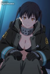 1girl ai_generated anime anime_style bikini black_bikini black_coat black_gloves black_hair breasts cleavage closed_mouth coat en'en_no_shouboutai enen_no_shouboutai fire_force gloves grey_pants hair_between_eyes hands_on_own_knees hentai hi_res kotatsu_tamaki large_breasts long_hair long_sleeves looking_at_viewer medium_breasts mystic_maidens navel open_clothes open_coat orange_eyes pants patreon patreon_username sitting smile solo swimsuit tamaki_kotatsu twintails yellow_eyes