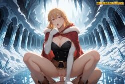 1boy 1girl after_vaginal ahoge ai_generated belt blonde_hair boots bottomless breasts brown_footwear cape censored cleavage cloak clothed_sex corset cowgirl_position cum cum_in_pussy cumdrip elbow_gloves finger_to_mouth fur_trim gina_(solo_leveling) girl_on_top gloves hair_between_eyes hetero hood hooded_cape hooded_cloak ice large_breasts long_hair looking_at_viewer medium_hair mosaic_censoring nivora no_panties open_mouth outdoors penis pov pussy pussy_juice red_cape red_cloak red_eyes sex snow solo solo_focus solo_leveling spread_legs squatting squatting_cowgirl_position straddling thighs tongue tongue_out uncensored vaginal white_gloves