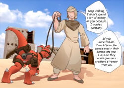 bondage captured day desert digimon digimon_(species) guilmon harness hector21314 human red_body red_skin reptile sand text