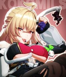 1girls blonde_hair breasts cissia_(zenless_zone_zero) eating eating_grapes fangs female female_only grapes kemonomimi kokomils large_breasts long_hair long_tail looking_at_viewer pale-skinned_female pale_skin red_eyes sharp_teeth side_ponytail snake snake_girl snake_tail underboob zenless_zone_zero