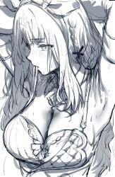 1girl 1girls almond_eye_(umamusume) armpit armpit_fetish armpits arms_up blush cropped_torso elbow_gloves female greyscale hairtie hairtie_in_mouth hews_hack horse_ears horse_girl large_boobs large_breasts large_tits long_hair sketch solo solo_female solo_focus star_pupils sweat sweatdrop sweating sweaty sweaty_armpits umamusume
