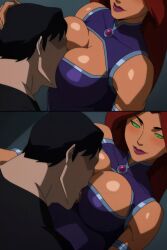 1boy 1girl _yumidreams ai_generated armlet black_hair blush breast_sucking breasts cleavage cleavage_cutout clothing_cutout dc dc_comics dick_grayson face_between_breasts faceless green_eyes green_sclera hetero koriand'r kory_anders large_breasts licking_breast lipstick long_hair makeup nightwing red_hair smile starfire tall_female tall_girl teen_titans teen_titans:_the_judas_contract