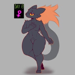 1:1 absurd_res anthro arm_tuft big_butt black_body black_eyes black_fur breasts butt canid casualties:_unknown cheek_tuft claws crotch_tuft digitigrade drawktus expie_(gunsawian) eyeshadow facial_tuft featureless_breasts female fur genitals gunsawian hi_res hybrid looking_at_viewer makeup mammal nude orange_sclera orange_vulva shoulder_tuft small_breasts solo standing tail tuft vulva wide_hips