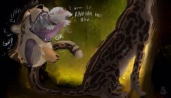 2022 anthro blush breath cheetah collar dialogue domestic_cat duo felid feline felis hi_res male male/male mammal mmf motion_lines nolow nolow_(character) oral_vore sitting swallowing taur teeth vore vore_day_2022 x-ray_view