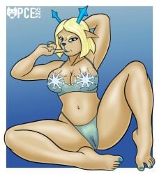 2025 anthro antlers areola artist_logo bangs biped blonde_hair blue_background blue_eyes blue_fingernails blue_nails blue_toenails border bra breasts carol_holiday cleavage clothed clothed_anthro clothed_female clothing colored_nails deer deltarune digital_drawing_(artwork) digital_media_(artwork) feet female female_anthro fingernails genitals gradient_background hair hand_behind_head hi_res horn humanoid_feet logo looking_at_viewer mammal nails narrowed_eyes navel panties pink_cat_enthusiast plantigrade simple_background sitting solo tan_body tear_trough toenails toes translucent translucent_bra translucent_clothing translucent_panties translucent_underwear undertale_(series) underwear vulva white_border