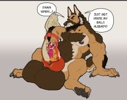 absurd_res anthro canid canine canis chimera cock_vore domestic_dog doug_(douglas_kim) douglas_kim english_text genitals german_shepherd herding_dog hi_res hyper male mammal object_in_urethra pastoral_dog penetration penile penis text urethral urethral_penetration vore wings