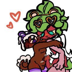 anthro balls bear_ears blush blush_lines blushcrunch_studio bodily_fluids bubble butt clothing cosmo_(dandy's_world) cum cum_bubble dandy's_world duo erection eyewear freckled_face freckles frosting frottage genital_fluids genitals green_eyes hand_over_shoulder heart_symbol hearts_around_head hi_res legwear male male/male moobs nude_male open_mouth penile penis penises_touching precum precum_on_penis pubes purple_eyes scarf sex skinny slightly_chubby sprout_(dandy's_world) stockings sunglasses tail thigh_highs unusual_anatomy unusual_genitalia unusual_penis