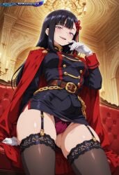 1girl absurd_resolution absurdres ai ai-created ai_art ai_generated anime_coloring anime_screenshot bangs belt black_dress black_hair black_thighhighs blush cape chain chandelier couch detailed_background digital_art dynamic_angle dynamic_pose epaulettes exhibitionism exibitionism exited explicit from_below garter_straps glossy glossy_body glossy_skin gloves gold_trim gorgeous hair_ornament hand_to_mouth hentai hi_res high_contrast high_quality high_resolution in_heat indoors large_breasts long_hair looking_at_viewer low_angle mato_seihei_no_slave military_uniform nsfw panties pantyshot patreon perfect_anatomy pervert_female pink_eyes plump presenting purple_panties rating_explicit red_cape red_hair_ornament sexy sexy_body sexy_female sexy_pose sitting smirk soft_shading solo source_anime spread_legs teasing teasing_viewer thick_thighs thighhighs upskirt voluptuous voluptuous_body voluptuous_female white_gloves yamashiro_ren