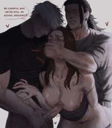 black_hair breasts_out brown_hair covered_mouth doggy_style fit_female muffled_moaning muscular_male penis_out rough satoru_gojo shoko_ieiri strong_male suguru_geto sweating thick_penis threesome titjob tits two_men vaginal_penetration white_hair