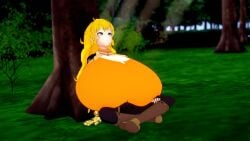 3d_(artwork) big_boobs big_breasts blonde_hair crossed_legs female female_only hyper_breasts koikatsu looking_up outdoors outside rwby sitting ultimate_collector yang_xiao_long