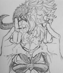 bow cum_covered cum_drip cum_on_face dieselbog eyes_closed facial facing_viewer hair_over_one_eye half_shaved_head horn horned_humanoid lingerie original_character puckered_lips pursed_lips sole_female thick_eyebrows thick_lips