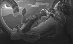2022 anthro balls big_penis cheetah cloud dragon duo felid feline genitals haloren hi_res huge_penis hyper hyper_genitalia hyper_penis internal male male/male mammal monochrome moon mythological_creature mythological_scalie mythology night nolow nolow_(character) oral_vore orgasm outside paws penis rumbling_stomach scalie star taur throbbing throbbing_penis vore