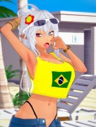 1girl 1girls ahoge armpit armpit_stubble beach big_breasts blowjob_gesture blue_eye booty_shorts bracelets brazilian_miku_(cosplay) breasts demon demon_girl female female_only female_solo flower_in_hair flower_on_head geega grey_hair hand_on_own_head heterochromia indie_virtual_youtuber koikatsu koikatsu_(medium) large_breasts looking_at_viewer open_mouth red_eye solo_female sunglasses sunglasses_on_head tan_body tan_skin tan_skinned_female tank_top tongue_out virtual_youtuber vtuber