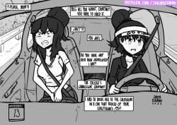 2girls car_interior driving english_text hands_between_legs have_to_pee jailor_eckman medium_breasts mother_and_daughter original original_characters sitting sketch