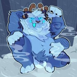 1:1 2026 3_fingers 3_toes 4_arms 4_fingers anthro antlers balls belly blep blue_body blue_claws blue_eyebrows blue_eyes blue_fur blue_penis blue_tongue body_hair camera_view claws detailed_background digital_drawing_(artwork) digital_media_(artwork) eyebrows feet fingers flaccid full-length_portrait fur fur_markings genitals hand_behind_head hand_on_knee hand_on_leg happy_trail hi_res horn idijust league_of_legends looking_at_viewer male mane markings multi_arm multi_limb multicolored_body multicolored_fur navel nude nude_male on_ground overweight overweight_anthro overweight_male penis pink_inner_ear plant portrait posing_for_picture raised_arm red_nose riot_games sitting snow solo taking_picture tencent thick_eyebrows toes tongue tongue_out tree tusks whisker_spots white_body white_fur willump_(lol) wind yeti