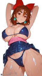 1girl ai_generated armpits arms_behind_head arms_up artist_name ayase_momo bangs bikini black_choker blue_bikini blue_skirt bow breasts brown_eyes brown_hair cameltoe choker closed_mouth covered_nipples dandadan earrings hair_between_eyes hair_bow jewelry large_breasts looking_at_viewer momo_ayase patreon pleated_skirt questionable red_bow short_hair simple_background skindentation skirt solo sweater swimsuit thick_eyebrows wet white_background