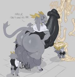 anthro antlers balls big_balls big_breasts big_butt big_penis bodily_fluids bovid breasts butt caprine clenching_balls cum ejaculation english_text erection fur genital_fluids genitals goat grey_body grey_fur group gynomorph hair hi_res horn huge_balls huge_breasts huge_butt huge_penis hyper hyper_balls hyper_genitalia hyper_penis intersex jackalope lagomorph leporid mammal nanokindred penis pseudoregalia rabbit sybil_(pseudoregalia) tail tear_trough text trio