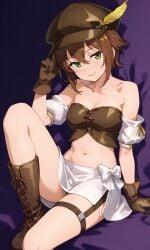 ai_generated brown_hair feathered_hat hat midriff miniskirt tressa_colzione