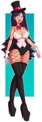 1girls big_breasts bimbofication breasts corset dc dc_comics doll_joints dollification female female_focus female_leg_hair female_only femsub fishnet fishnet_legwear fishnet_stockings fishnets happy_trance high_heels intelligence_loss magical_girl pubic_hair purple_eyes smile solo solo_focus top_hat wrenzephyr2 zatanna zatanna_zatara