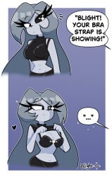 1girls art_trend black_clothing blightstar blightstar_(blightstar) bra_strap dialogue english_text flashing_bra grey_body monochrome_characters oc offscreen_character original original_character shirt_lift smile solo speech_bubble star_eye tagme trend