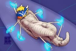 absurd_res anthro arms_tied ball_gag blue_body blue_eyes blue_skin bound bulge disembodied_hand dragon fully_bound gag ghost_hand hands_behind_back hi_res horn legs_tied legs_together male mummification mythological_creature mythological_scalie mythology neatnick null_bulge scalie solo tail tail_tied wings_tied wraps yellow_body yellow_skin