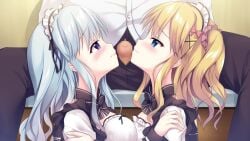 1boy 1boy1girl 2girls aqua_hair before_oral blonde_hair braided_hair breasts censored clothed game_cg hair_ornament hair_ribbon kimi_to_hajimeru_dasan_tekina_lovecome large_breasts long_hair maid maid_headdress maid_outfit maid_uniform medium_breasts mosaic_censoring penis sakura_nono shirt side_braid side_ponytail sousouman teidou_shirayuki threesome tied_hair wavy_hair
