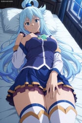 1boy absurdres adult ai_assisted ai_generated aqua_(konosuba) big_breasts breasts female heeven highres kono_subarashii_sekai_ni_shukufuku_wo! konosuba lying_on_bed male mature patreon patreon_username perfect_body thick_thighs uncensored