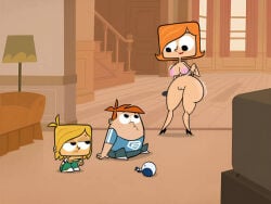 1girl 2boys aged_up ass big_ass big_breasts black_eyes blonde_hair breasts bubble_ass bubble_butt cartoon_network clothed clothed_male clothed_male_nude_female clothing completely_nude curvy_female debbie_turnbull edit edited_screencap female frown high_heels hourglass_figure indoors looking_at_another milf mommy mother multiple_boys naked naked_female nipples nude nude_female orange_hair pink_nipples robot robotboy robotboy_(character) screencap screenshot screenshot_edit sitting smile thick_thighs tommy_turnbull wide_hips
