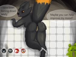 1_eye 4:3 anthro anus black_body black_fur butt casualties:_unknown coldsovereign dialogue english_text expie_(gunsawian) female fur genitals gunsawian hi_res missing_eye missing_foot missing_leg orange_body orange_eyes orange_fur plushie presenting presenting_hindquarters prosthetic prosthetic_leg prosthetic_limb rain_world sad saint_(rain_world) solo speech_bubble text videocult vulva