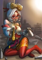 1girl artist_request bare_shoulders big_breasts blush book book_stack bottle breasts choko_(cup) commentary_request cup drunk flute full_body gloves goggles goggles_on_head grey_gloves hair_ornament hair_stick headband holding holding_flute holding_instrument instrument krita_(medium) medium_breasts nintendo purah purah_(tears_of_the_kingdom) recorder red-framed_eyewear red_headband round_eyewear sake_bottle sheikah sitting solo tears_of_the_kingdom the_legend_of_zelda the_legend_of_zelda:_tears_of_the_kingdom white_hair