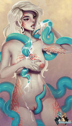 2015 breasts consensual_tentacles cum female highres hizzacked long_hair nipples nude original original_character pale_skin pussy red_eyes shune_(ferrin) silver_hair solo tattoo tentacle uncensored