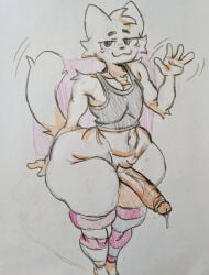 anthro big_butt boy_kisser_(meme) butt clothing femboy footwear fur genitals gesture legwear long_penis looking_at_viewer male meme penis smile socks solo thick_thighs thigh_highs thigh_socks vein veiny_penis waving waving_at_viewer welyr white_body white_fur wide_hips